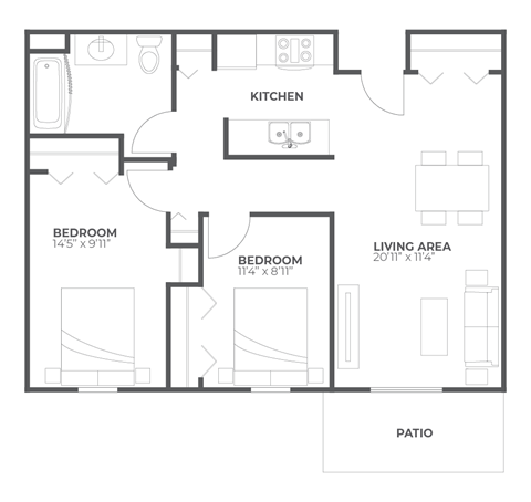 A black and white image of a house floor plan with a kitchen, two bedrooms, a living area, and a patio.